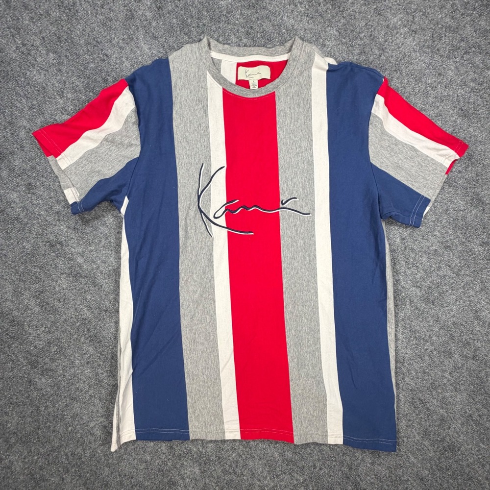 Karl Kani Mens Signature Logo Vertical Stripe T-Shirt Large Red Blue Grey 0552